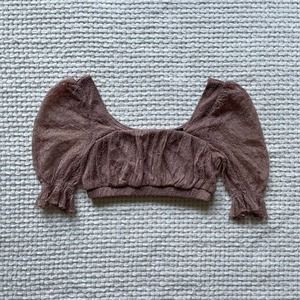 Nasty Gal Blush Pink Lace Puffed Sleeve Crop Top - 2 - EUC